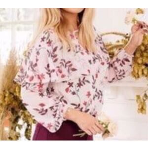Lightweight Floral Print Pink Boho Cottagecore Ruffle Long Sleeve Blouse XXL
